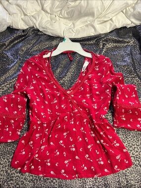 Hollister Red Floral Wrap-Front Women's Top